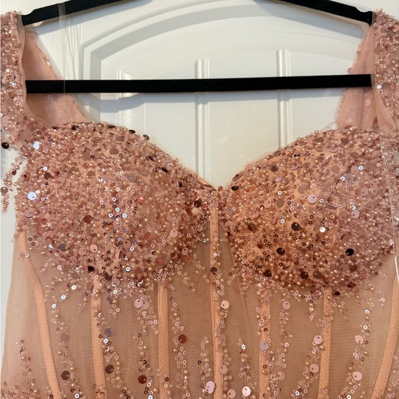 Stacees Dusty Pink Beaded Corset Tulle Cocktail Dress Lace Up Back Size 10 NWT - Picture 4 of 4